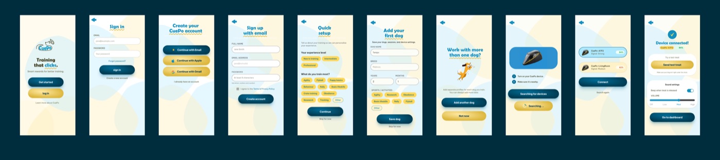CuePo app — Onboarding screens