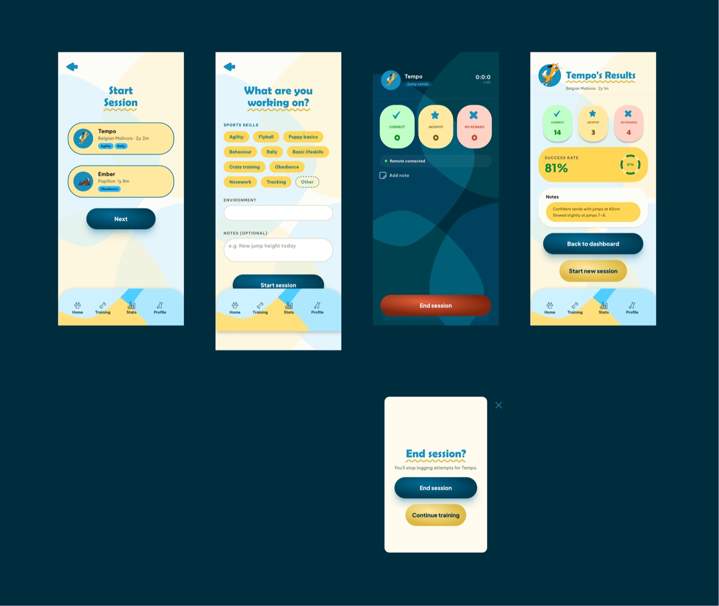 CuePo app — Training session screens