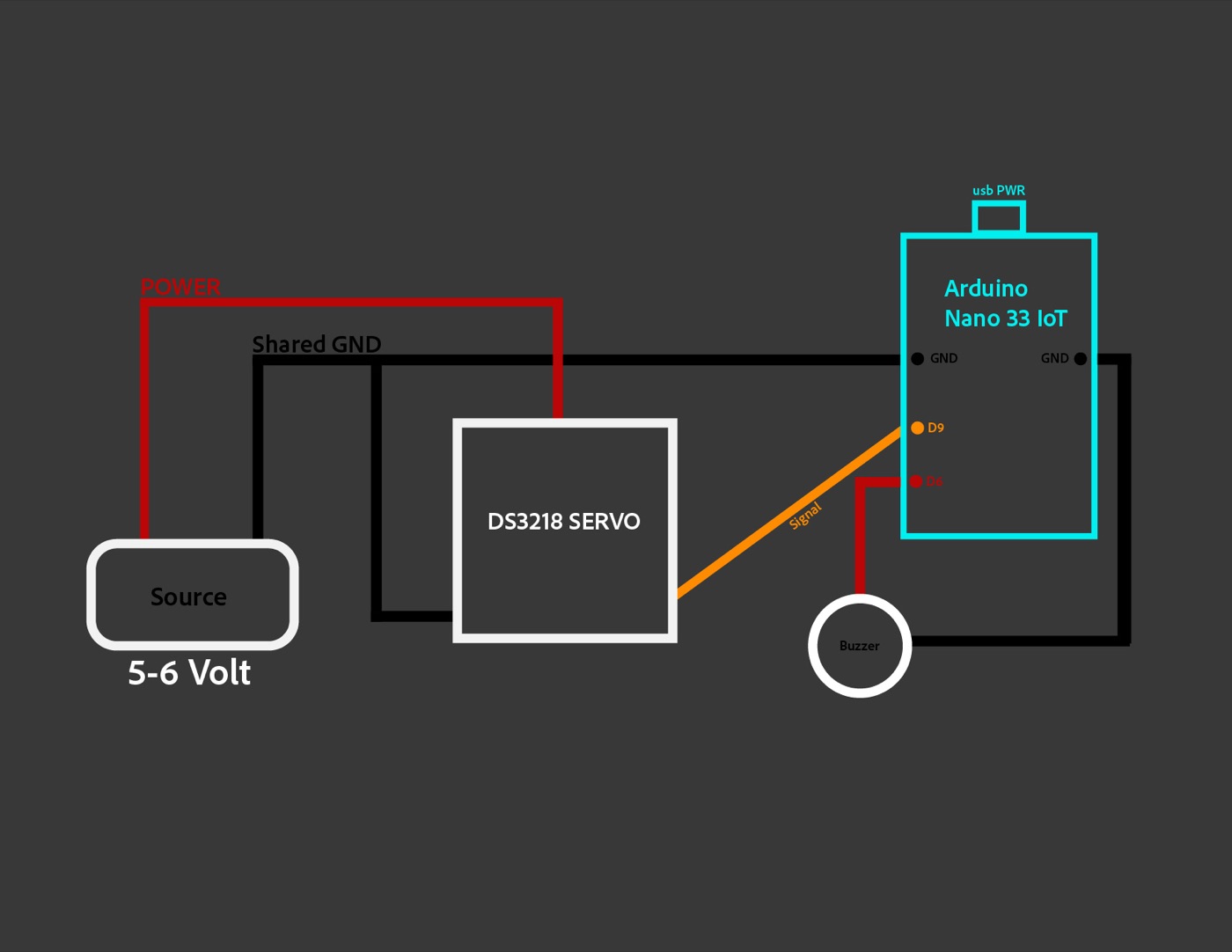 CuePo Arduino wiring diagram showing servo, BLE, and buzzer connections